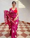 Silkmark Certified Moonga Tussar Silk Saree Purple Color Embroidered with Running Blouse-Indiehaat