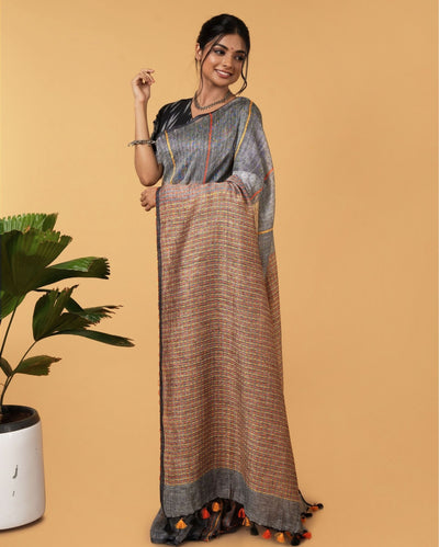 Earthy Pure Linen Kantha Work Gray Saree