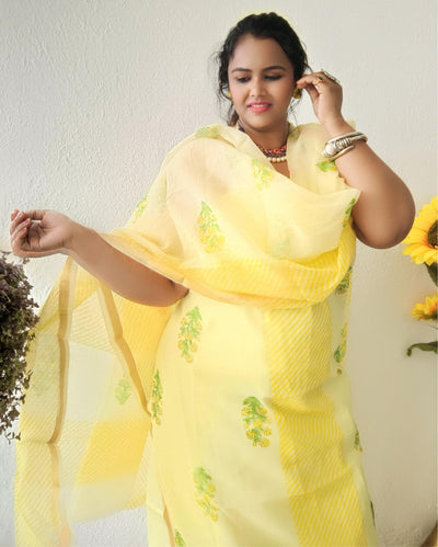 Textured Kota Doria Yellow Suit Handblock Print