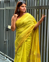 Silkmark Certified Moonga Tussar Silk Himalaya Yellow Saree with Running Blouse Handcrafted-Indiehaat