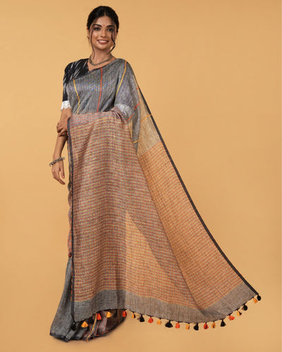 Earthy Pure Linen Kantha Work Gray Saree