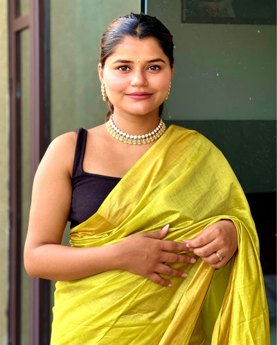 Silkmark Certified Moonga Tussar Silk Himalaya Yellow Saree with Running Blouse Handcrafted-Indiehaat