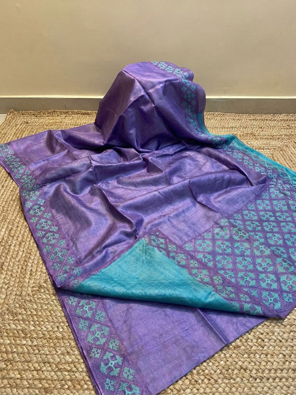 Indiehaat | Silkmark Tussar Silk Embroidery Saree Purple