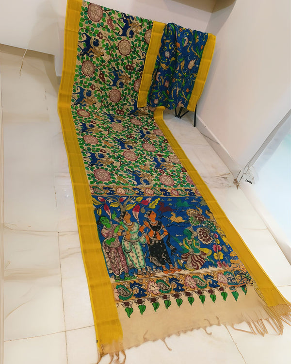 Indiehaat | Mangalagiri Handpainted Silk Saree Multicolor