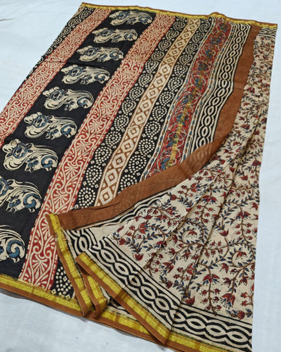 Indiehaat | Chanderi Silk Kalamkari Beige Saree