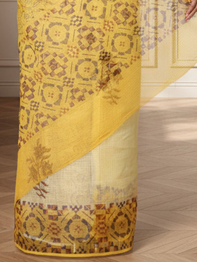Earthy Kota Doria Blockprinted Yellow Saree