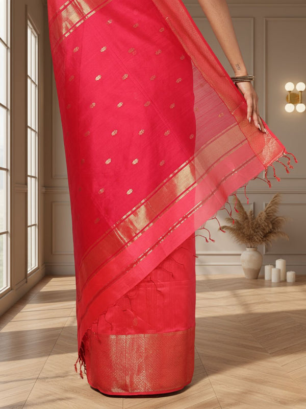 Glossy Maheshwari Silk Pure Handloom Saree Red