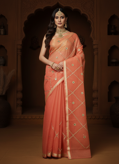 Pankhudi Gota Patti Peach Kota Cotton Saree