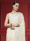 Vivid Pure Linen Embroidered Handloom Off White Saree