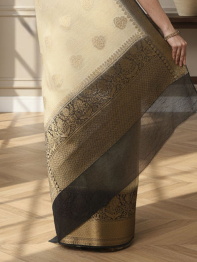 Silk Linen Weaving Design Jacquard Handloom Saree Cream Color with Running Blouse-Indiehaat