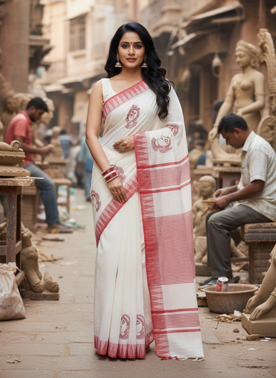 Shakti Kora Silk Red & White Durga Embroidery Saree