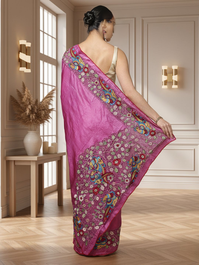 Silkmark Certified Elegant Pure Tussar Cutwork Dark Magenta Saree