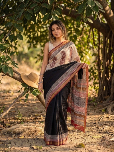 Black Kalamkari Chanderi Silk Saree | Indiehaat