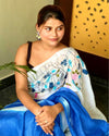 Shop Pure Linen Saree Online with Hand Embroidered, White & Blue Combo