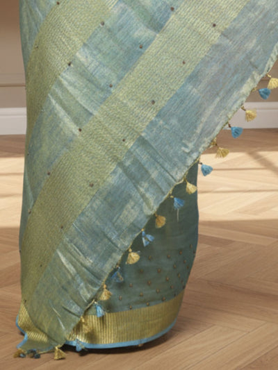 Embroidered Pure Tissue Linen Handdyed Saree Blue