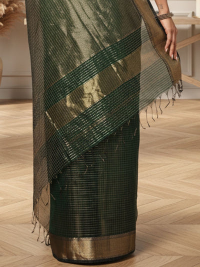 Misty Maheshwari Pure Silk Check Body Green Saree