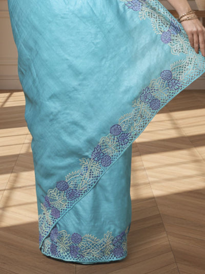 Silkmark Certified Lively Pure Tussar Cutwork Blue Saree