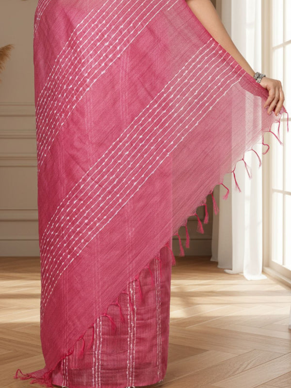 Bansbara Tussar Silk Kantha Handloom Saree Froly Pink