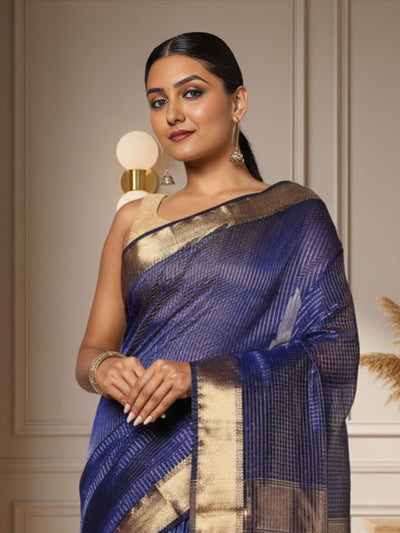 Poised Maheshwari Pure Silk Check Body Indigo Saree