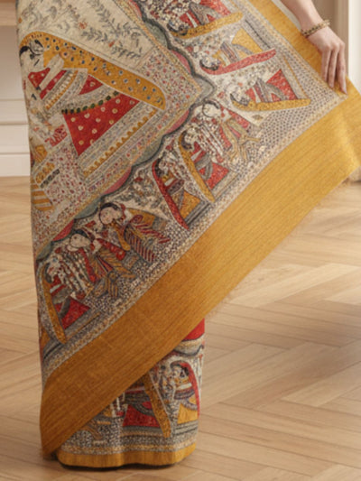 Silkmark Tussar Quaint Madhubani Red & Beige Saree