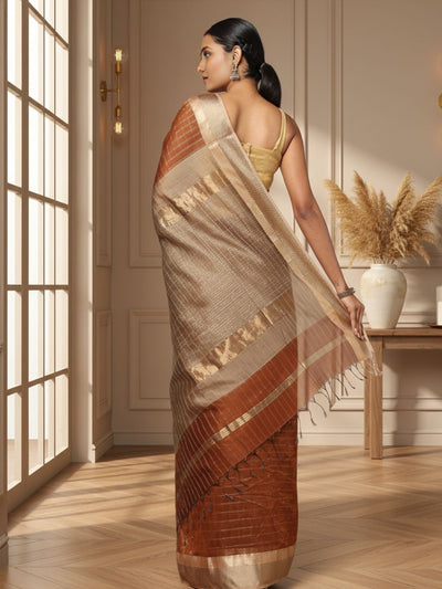 Indiehaat | Pure Maheshwari Silk Kosa Pallu Brown Saree