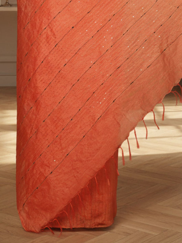 Striped Kota Slub Sequence Pallu Saree Hand Dyed Orange