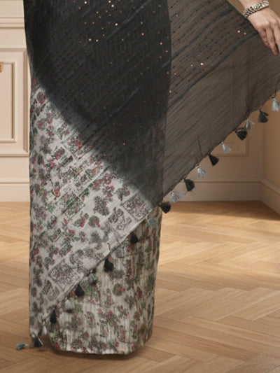 Half Dye Half Print Kota Silk Saree Black & White