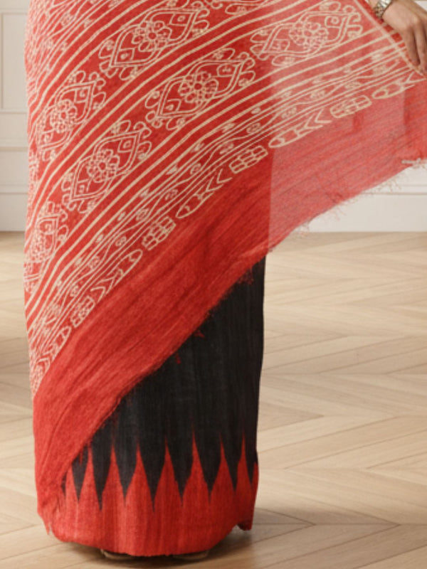 Silkmark Tussar Glowing Blockprint Black & Red Saree