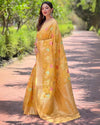 Indiehaat | Organza Meenakari Floral Jaal Zari Woven Yellow Saree