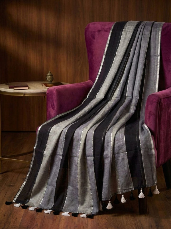 Indiehaat | Pure Handloom Mul Cotton Saree BlackGray