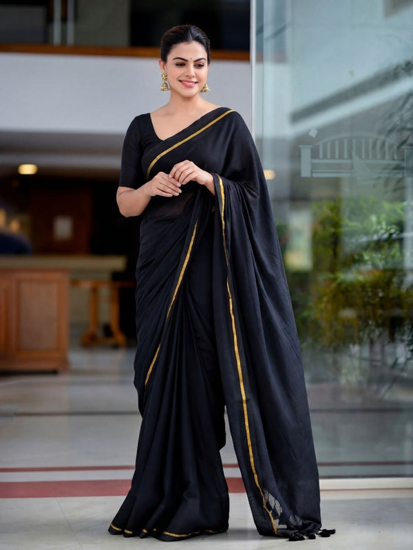 Indiehaat | Handloom Pure Mul Cotton Saree Black