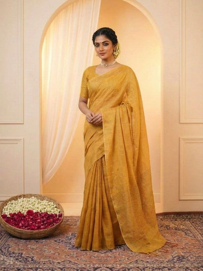 Indiehaat | Pure Tissue Linen Handloom Saree Yellow