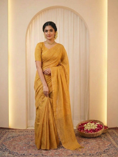 Indiehaat | Pure Tissue Linen Handloom Saree Yellow