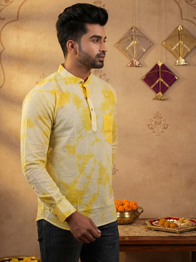 Indiehaat | Pure Cotton Shibori Short Kurta Yellow & White