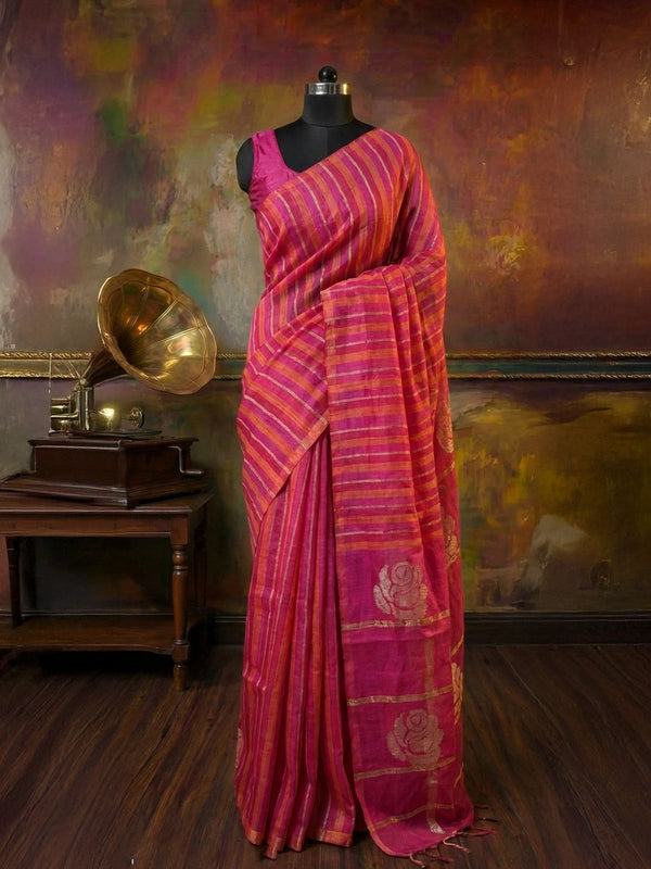 Indiehaat | Pure Linen Handloom Saree Pink