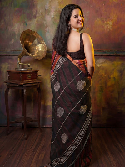 Indiehaat | Pure Linen Handloom Saree Red & Black