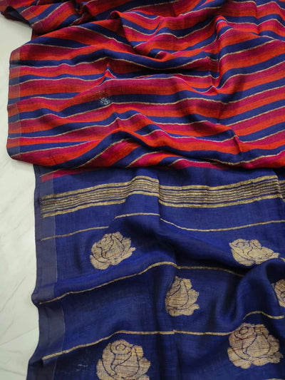 Indiehaat | Pure Linen Handloom Saree Red & Blue