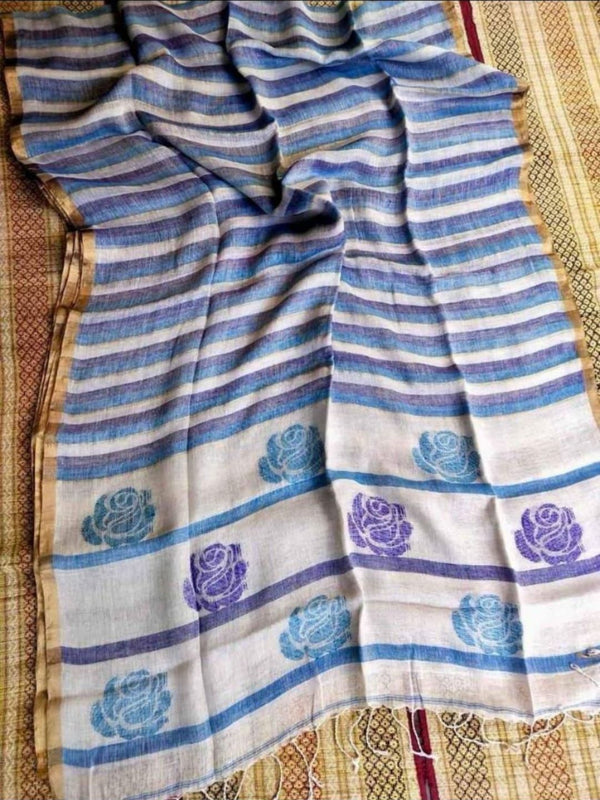 Indiehaat | Pure Linen Handloom Saree White & Blue