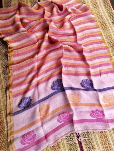 Indiehaat | Pure Linen Handloom Saree Pink & Orange