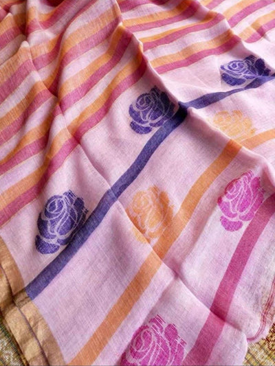 Indiehaat | Pure Linen Handloom Saree Pink & Orange