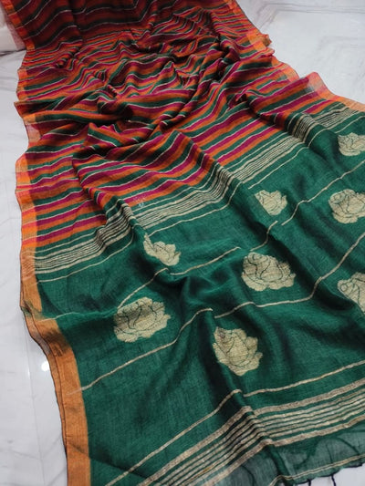 Indiehaat | Pure Linen Handloom Saree Green & Red