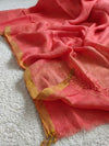 Indiehaat | Pure Linen Handloom Zari Border Saree Peach
