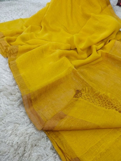 Indiehaat | Pure Linen Handloom Zari Border Saree Yellow