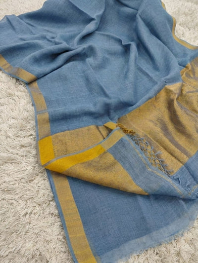 Indiehaat | Pure Linen Handloom Zari Border Saree Blue