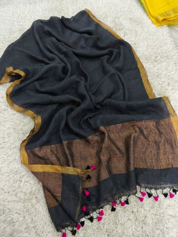 Indiehaat | Pure Linen Handloom Zari Border Saree Blue