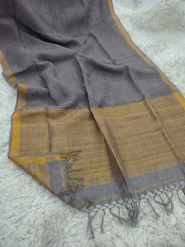 Indiehaat | Pure Linen Handloom Zari Border Saree Black