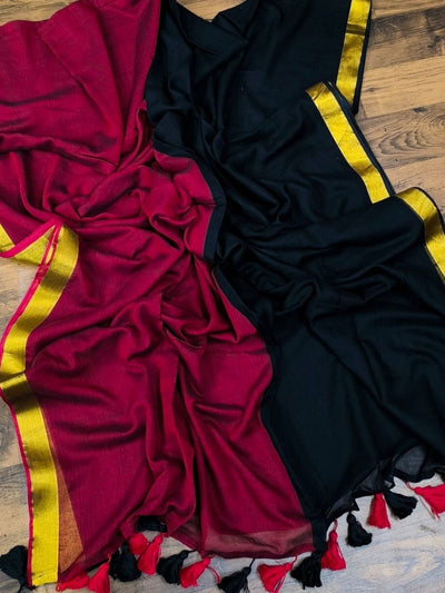 Indiehaat | Pure Handloom Mul Cotton Saree Red & Black