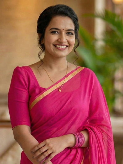 Indiehaat | Pure Mul Cotton Zari Border Saree Pink