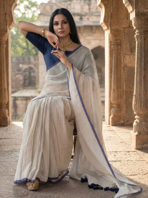 Indiehaat | Pure Mul Cotton Handloom Saree White
