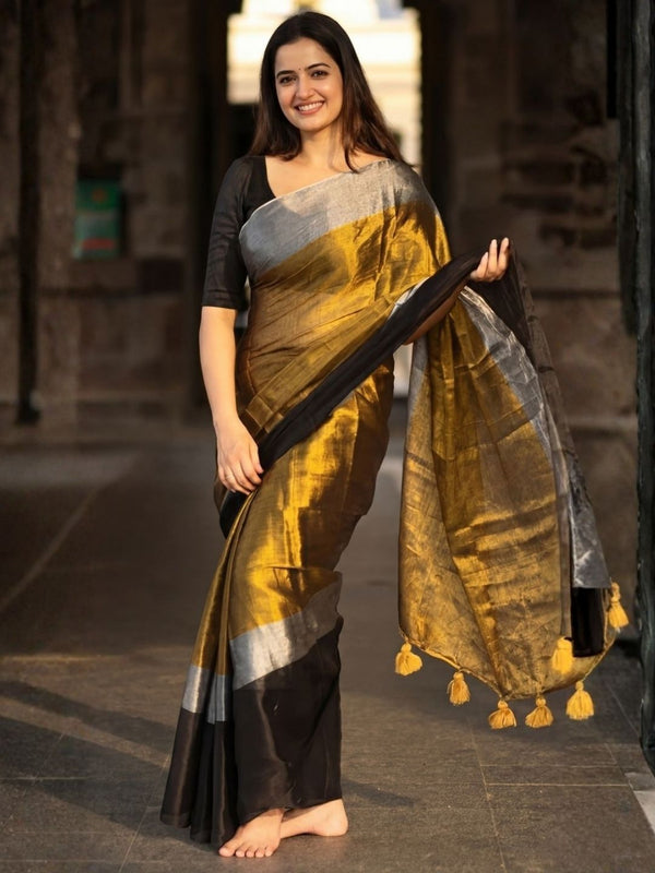 Indiehaat | Pure Tissue Cotton Handloom Saree Gold & Black